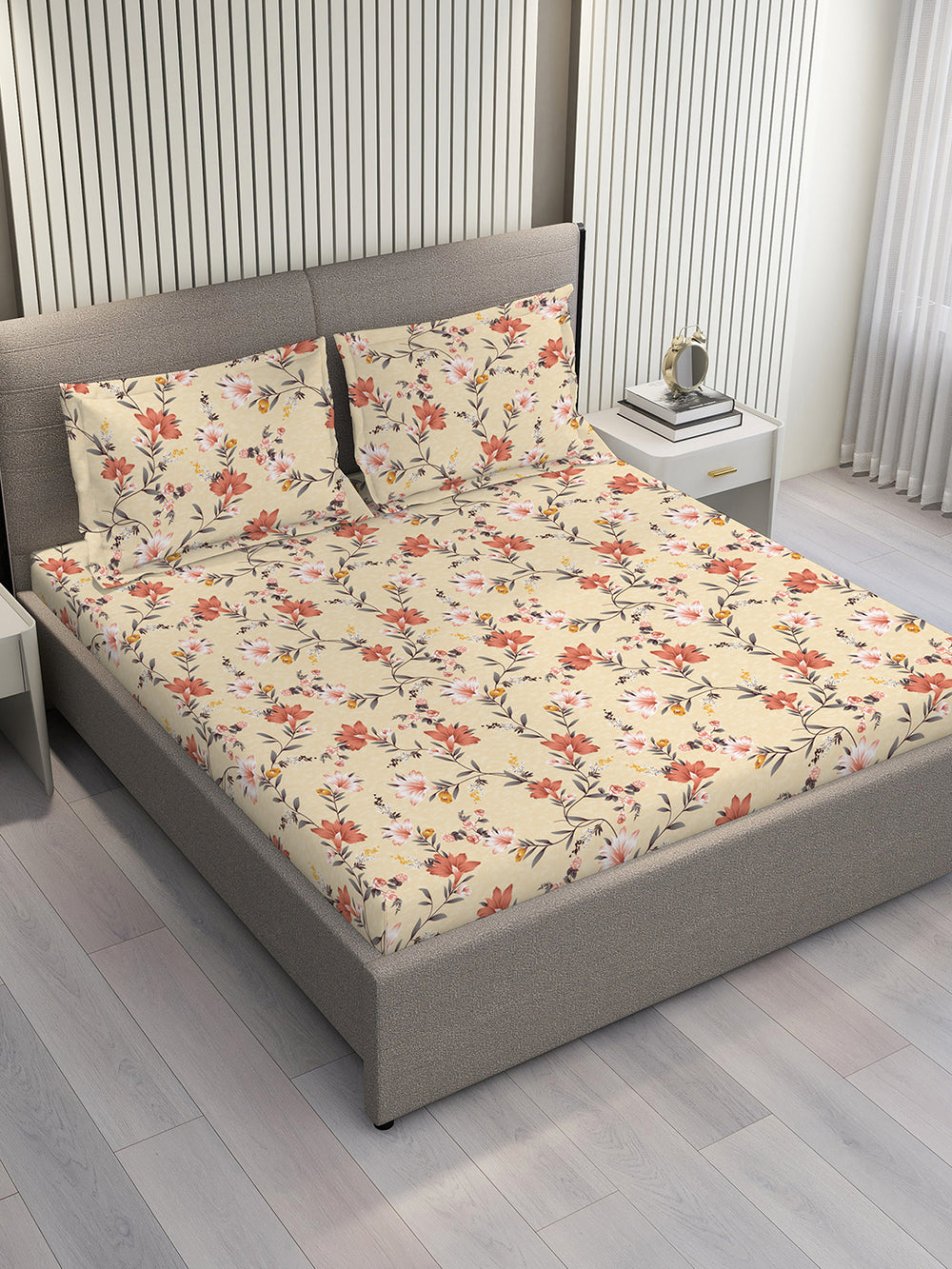 Blossom Microfibre 125 GSM Cream Floral 1 Double Size Bedsheet with 2 Pillow Covers