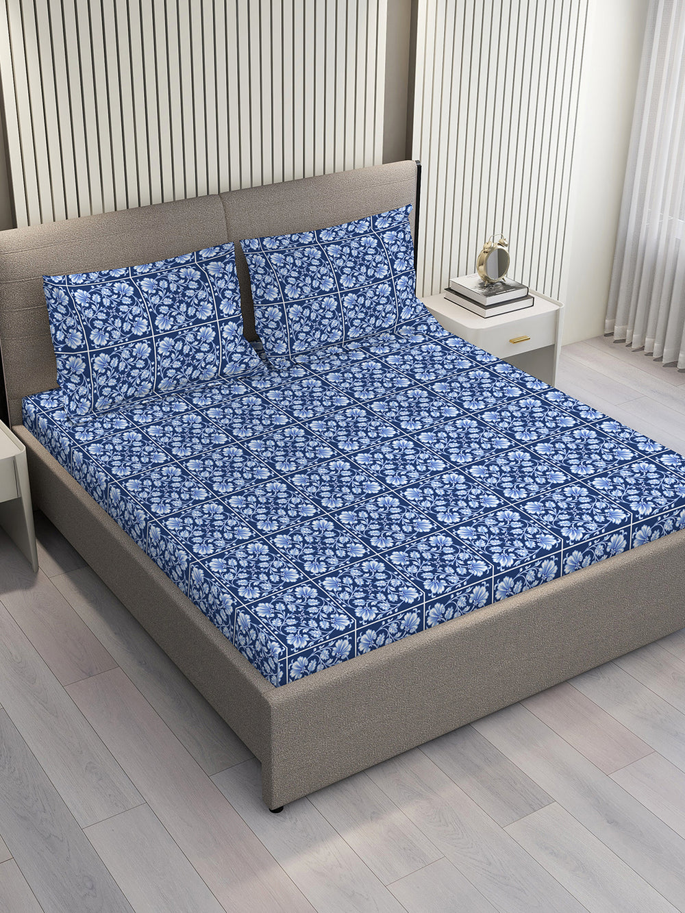 Blossom Microfibre 125 GSM Blue Floral 1 Double Size Bedsheet with 2 Pillow Covers