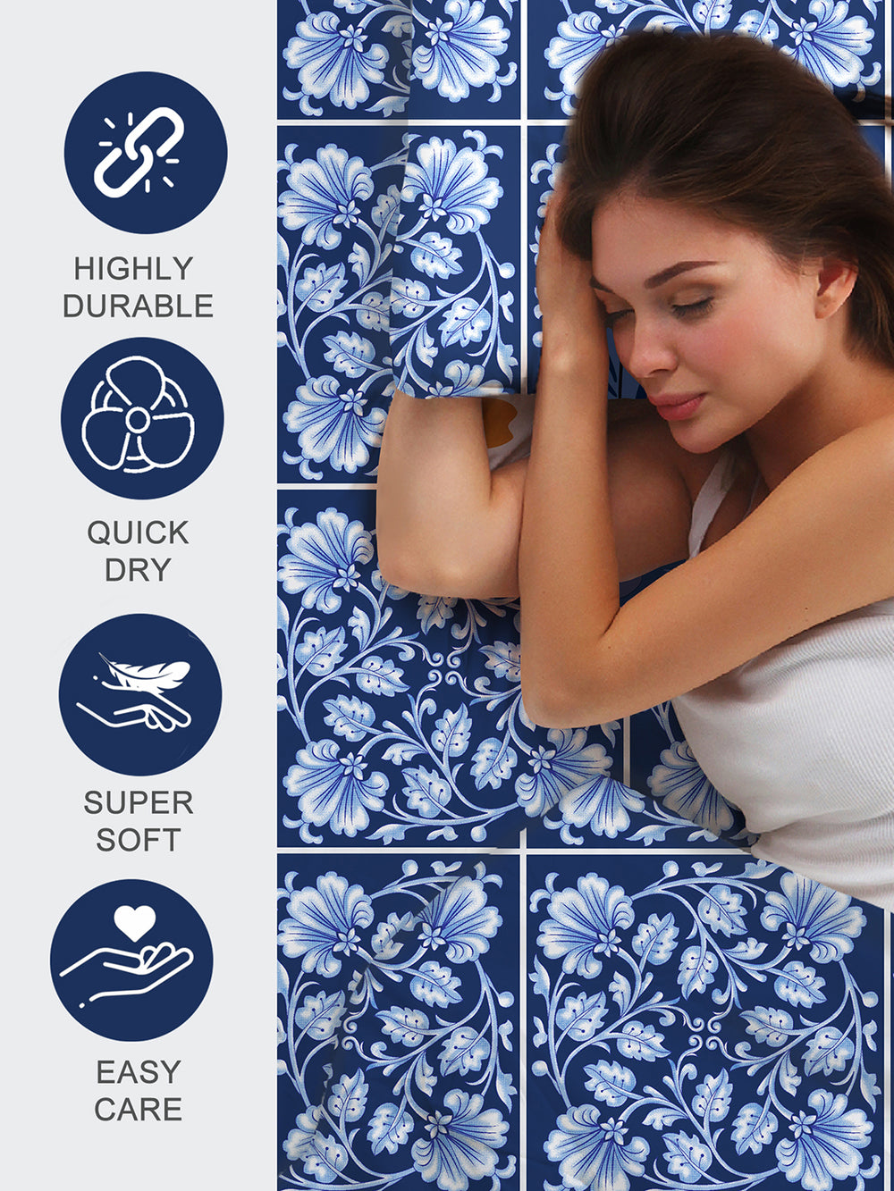 Blossom Microfibre 125 GSM Blue Floral 1 Double Size Bedsheet with 2 Pillow Covers