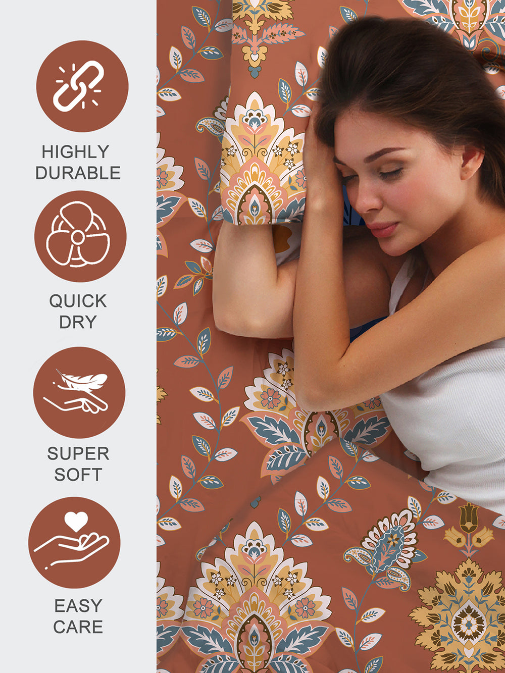 Blossom Microfibre 125 GSM Brown Ethnic 1 Double Size Bedsheet with 2 Pillow Covers