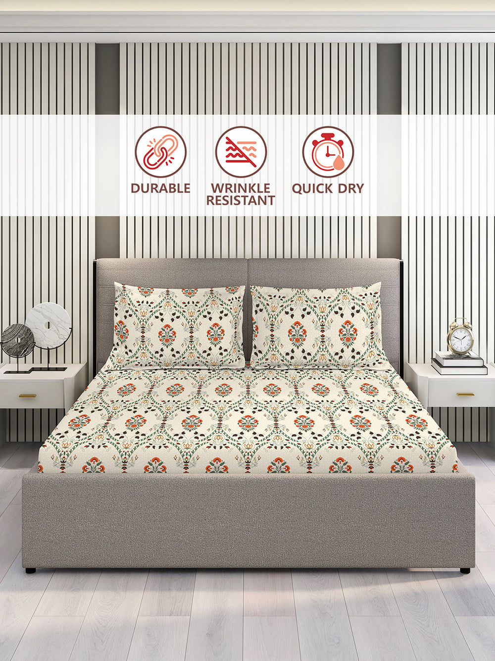 Aura Microfibre 110 GSM Beige Floral 1 King Size Bedsheet with 2 Pillow Covers