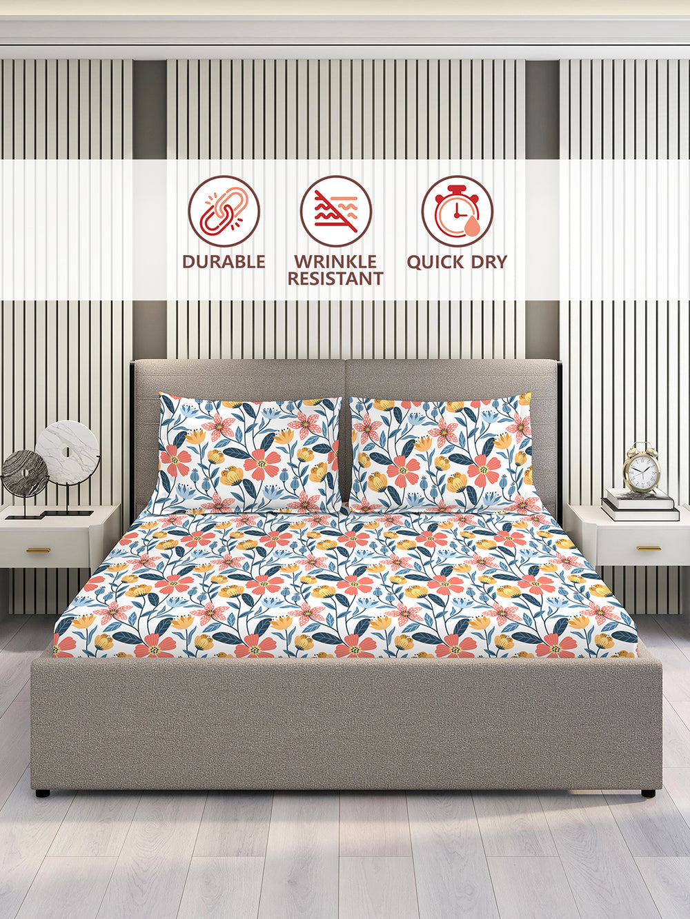 Aura Microfibre 110 GSM Multicolor Floral 1 King Size Bedsheet with 2 Pillow Covers