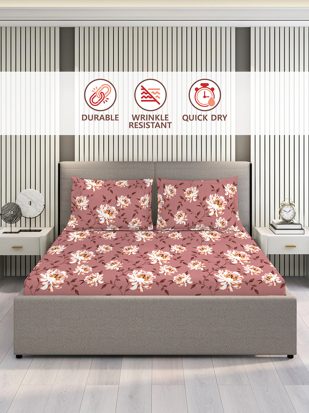 Aura Microfibre 110 GSM Pink Floral 1 King Size Bedsheet with 2 Pillow Covers