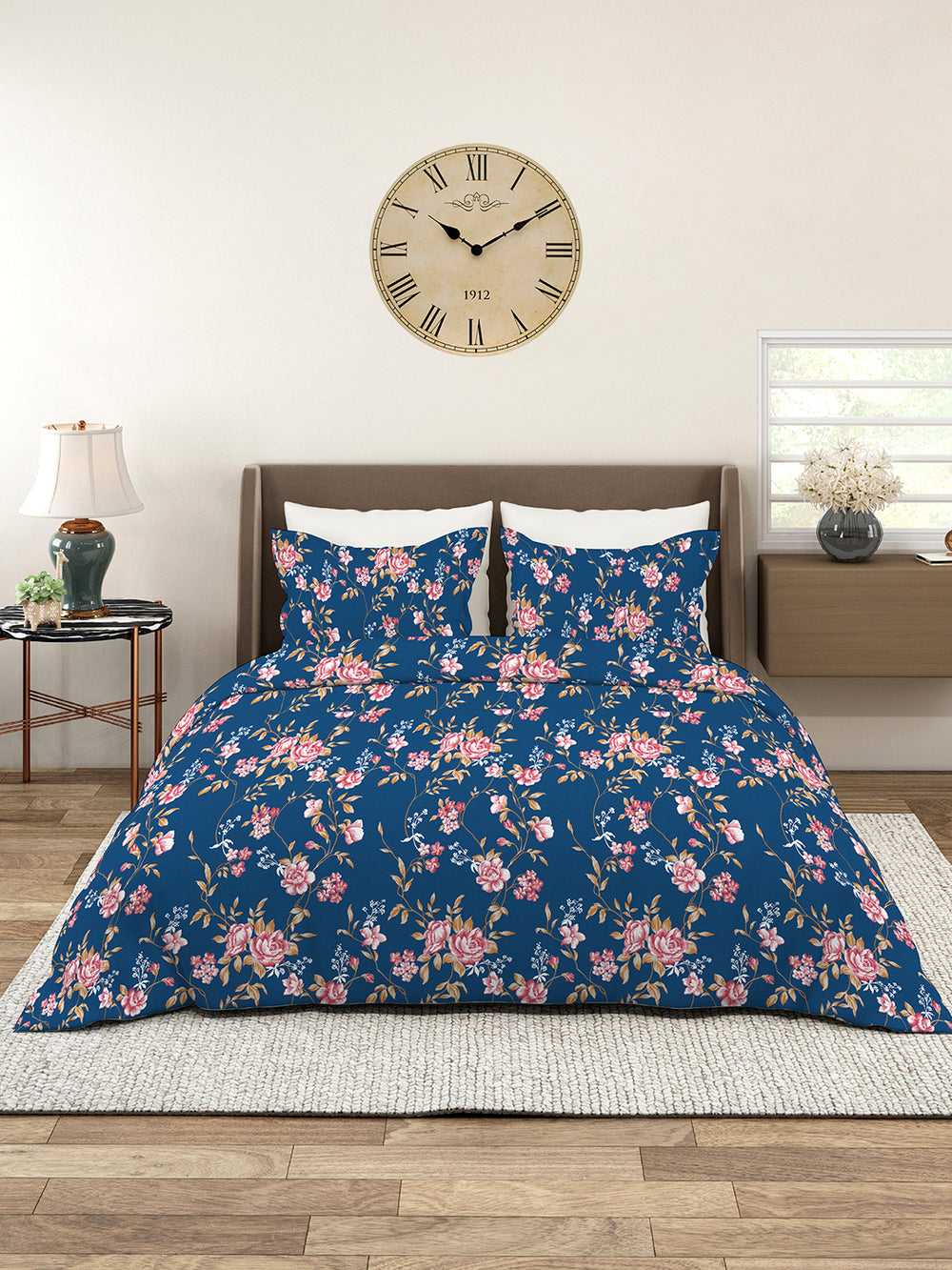 Aura Microfibre 110 GSM Navy Floral 1 King Size Bedsheet with 2 Pillow Covers