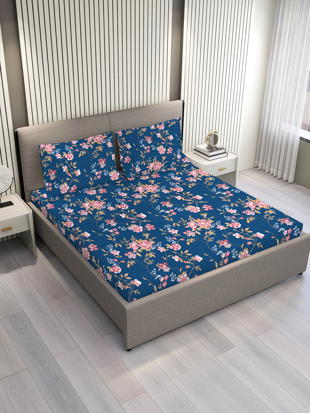 Aura Microfibre 110 GSM Navy Floral 1 King Size Bedsheet with 2 Pillow Covers