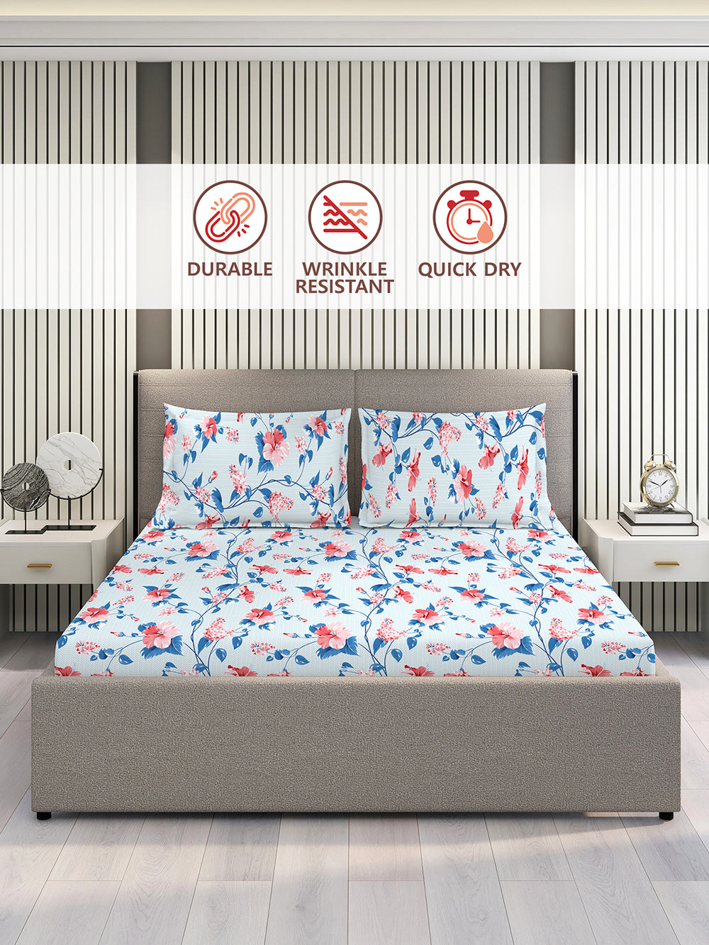 Aura Microfibre 110 GSM Blue Floral 1 King Size Bedsheet with 2 Pillow Covers