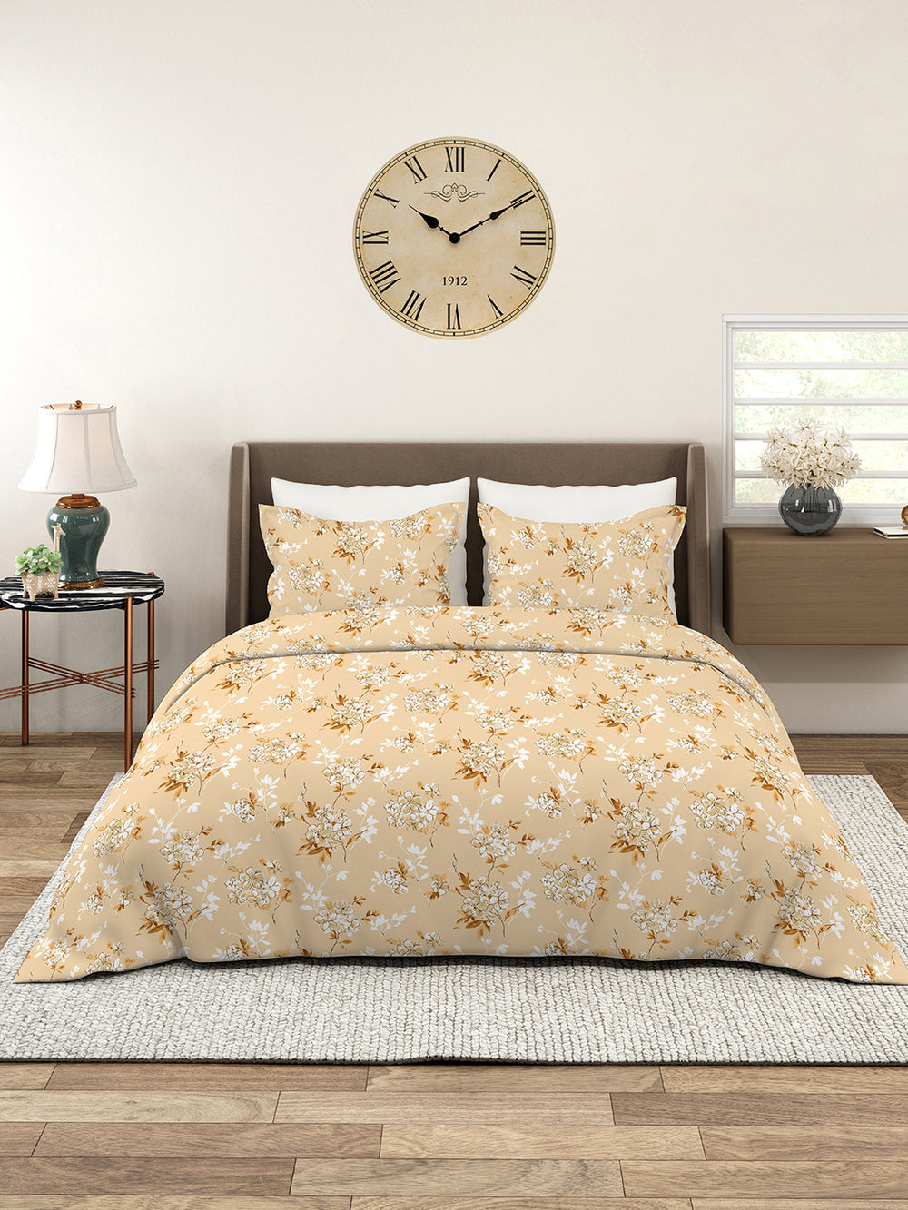 Aura Microfibre 110 GSM Beige Floral 1 King Size Bedsheet with 2 Pillow Covers