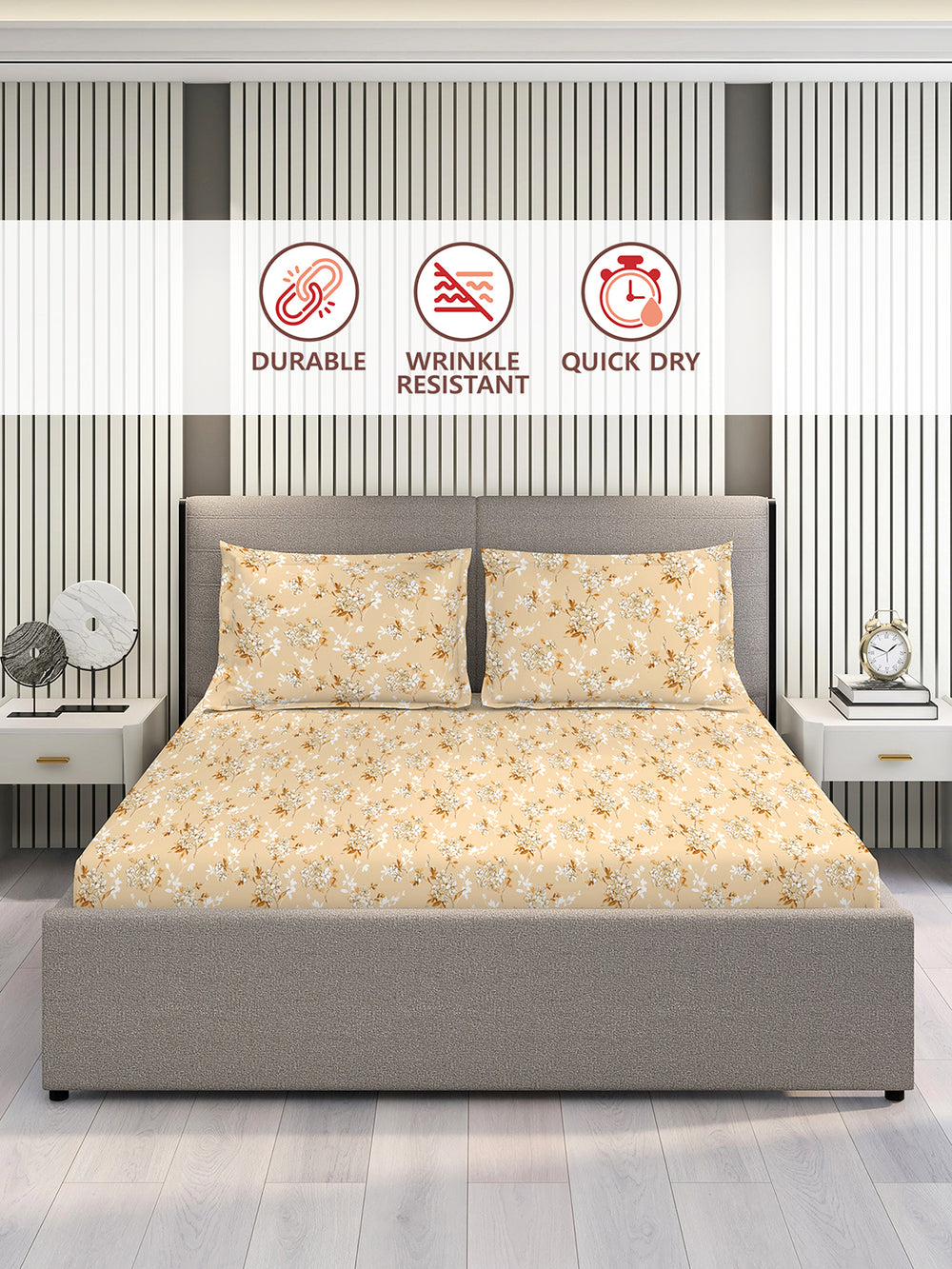 Aura Microfibre 110 GSM Beige Floral 1 King Size Bedsheet with 2 Pillow Covers