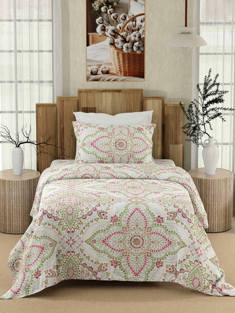 Serenity 100% Cotton 200 TC Multicolor Ethnic 1 Single Size Bedsheet with 1 Pillow Cover