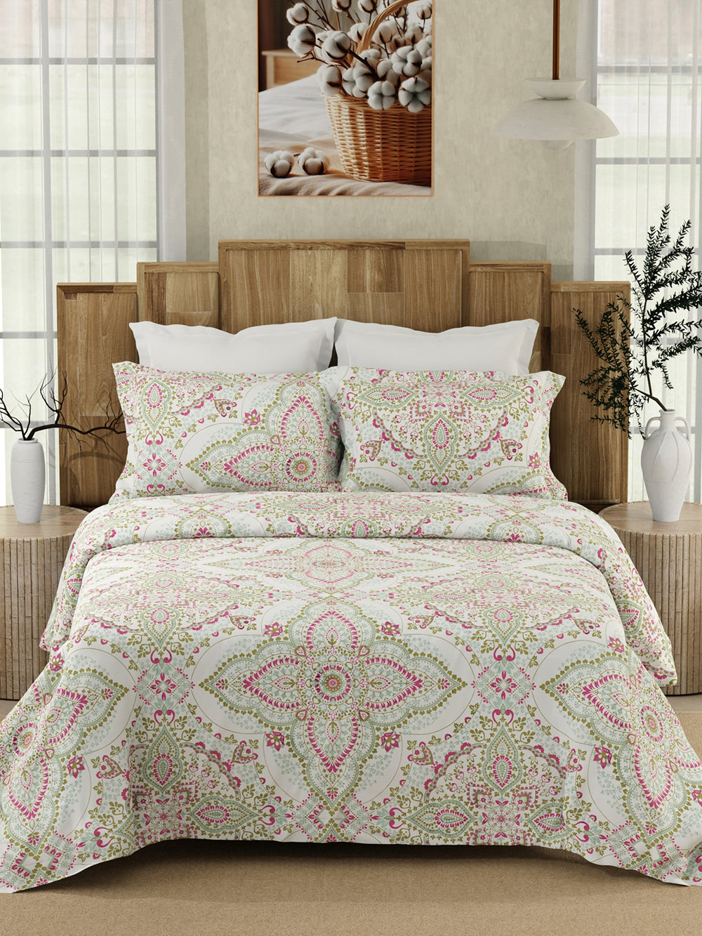 Serenity 100% Cotton 200 TC Multicolor Ethnic 1 King Size Bedsheet with 2 Pillow Covers