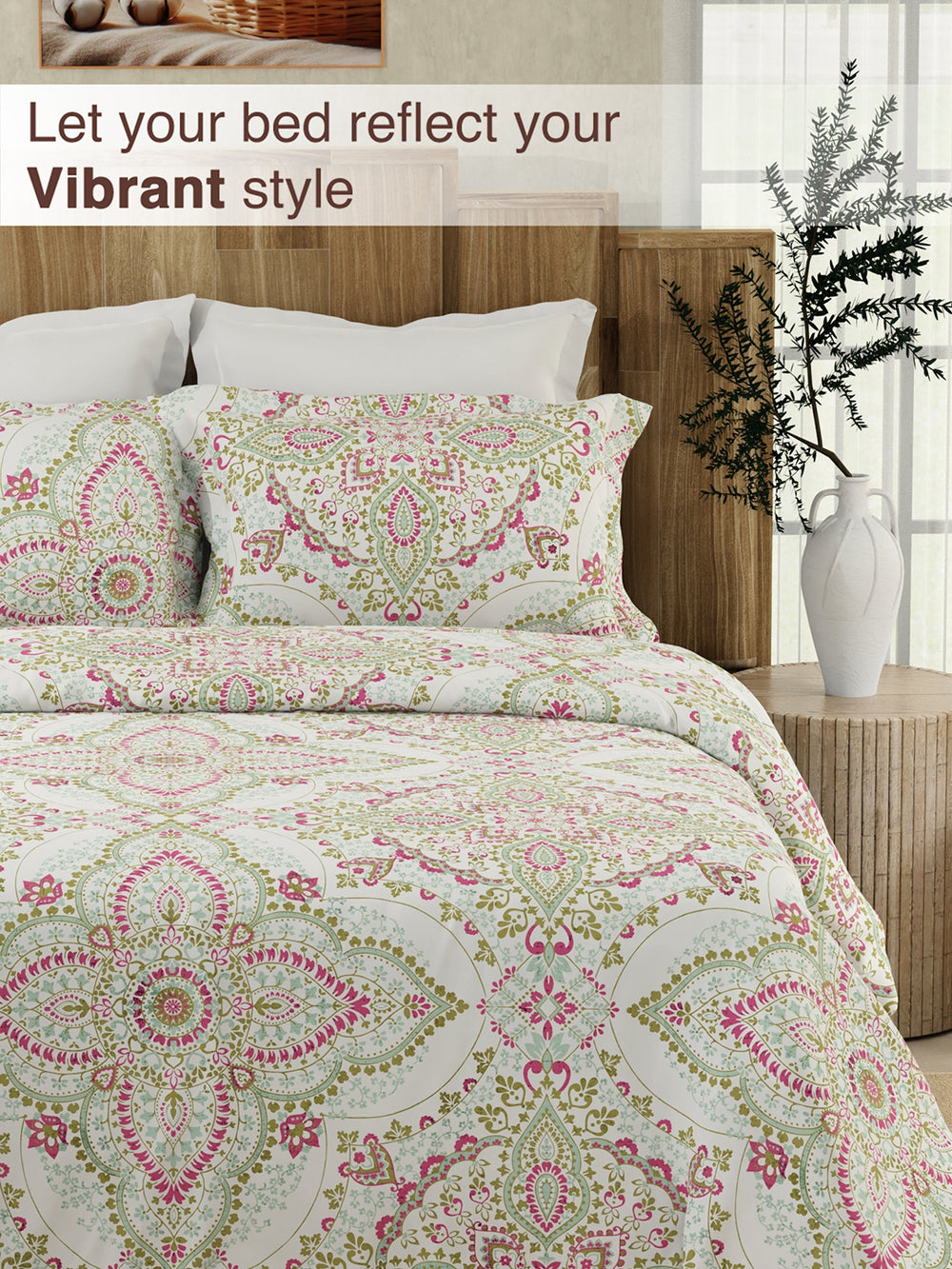 Serenity 100% Cotton 200 TC Multicolor Ethnic 1 King Size Bedsheet with 2 Pillow Covers