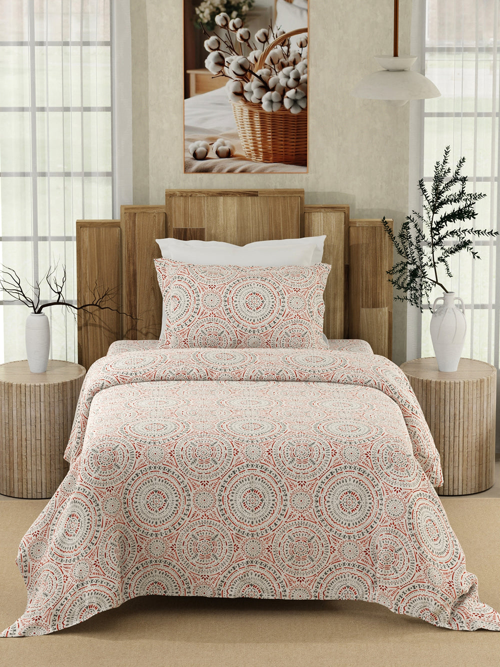 Serenity 100% Cotton 200 TC Red Grey Ethnic 1 Single Size Bedsheet with 1 Pillow Cover