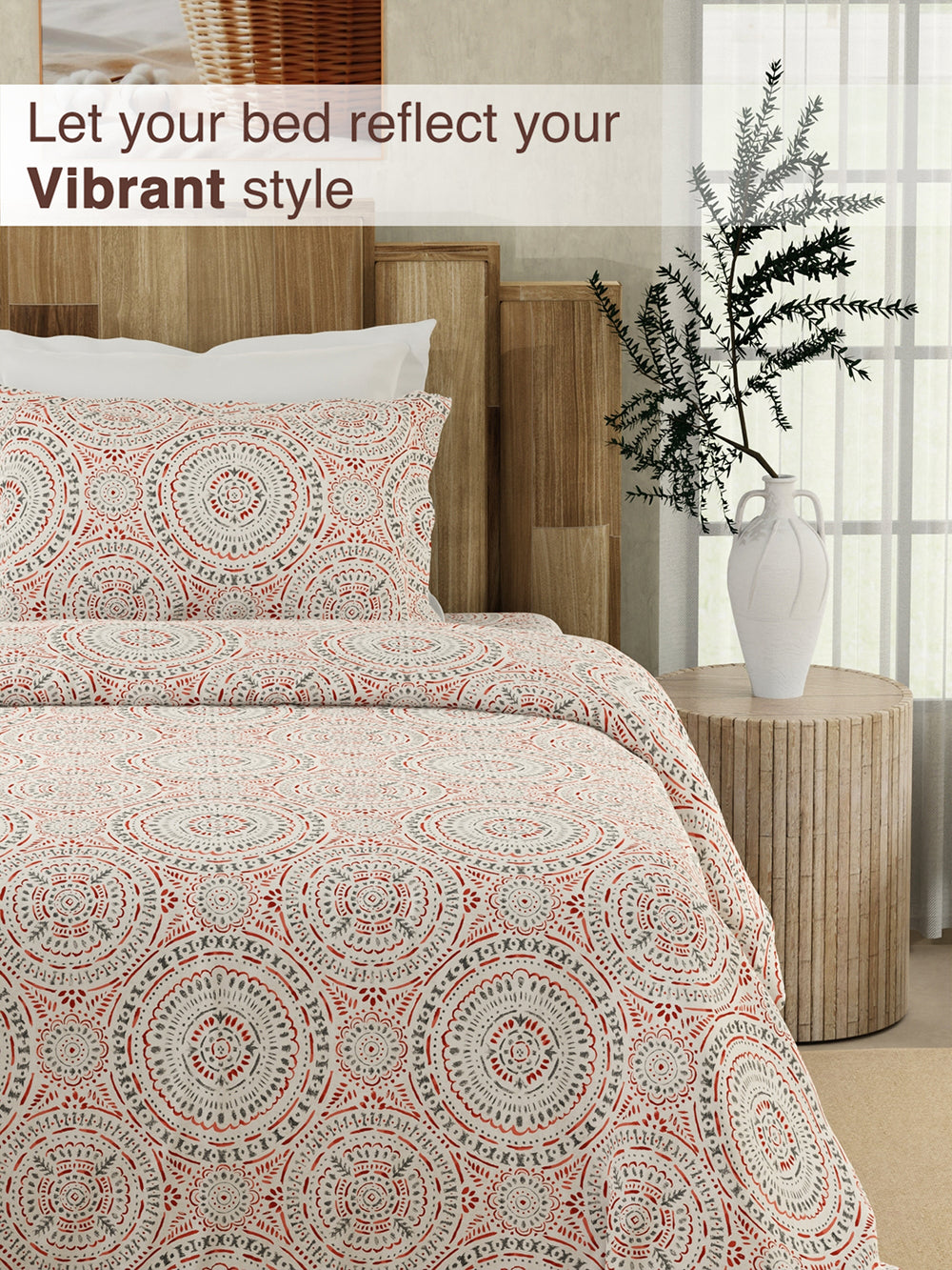 Serenity 100% Cotton 200 TC Red Grey Ethnic 1 Single Size Bedsheet with 1 Pillow Cover