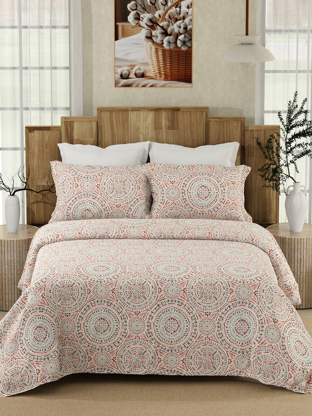Serenity 100% Cotton 200 TC Red Grey Ethnic 1 King Size Bedsheet with 2 Pillow Covers