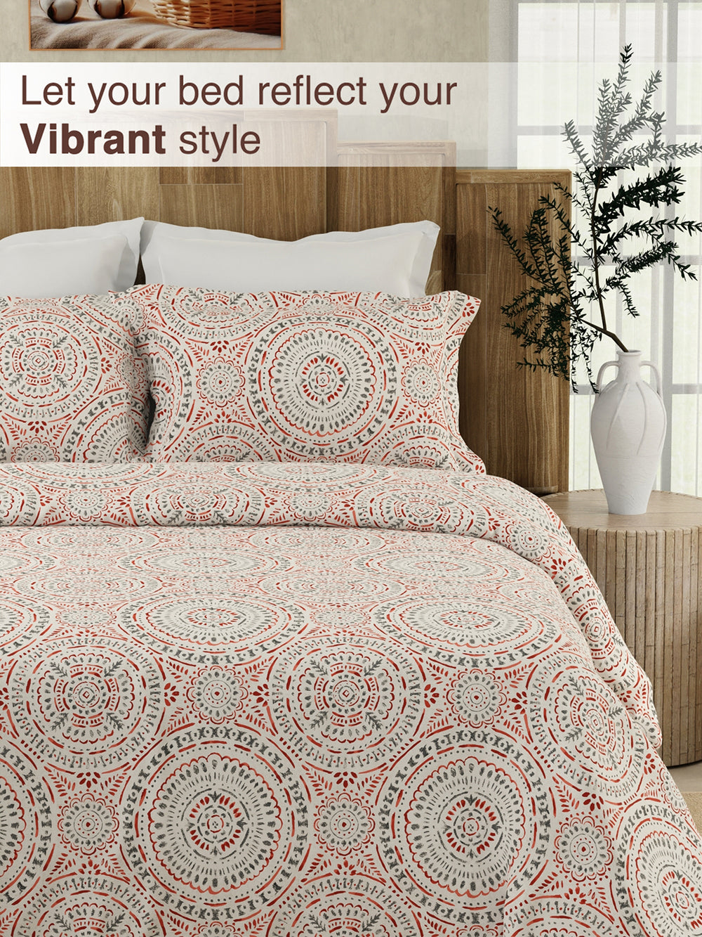 Serenity 100% Cotton 200 TC Red Grey Ethnic 1 King Size Bedsheet with 2 Pillow Covers