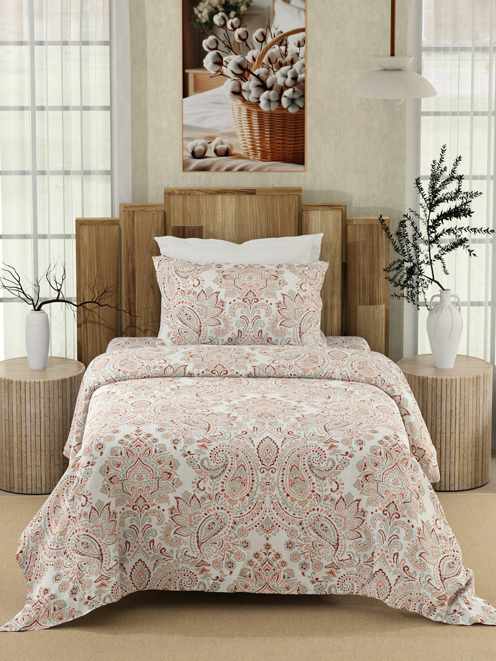 Serenity 100% Cotton 200 TC Multicolor Ethnic 1 Single Size Bedsheet with 1 Pillow Cover