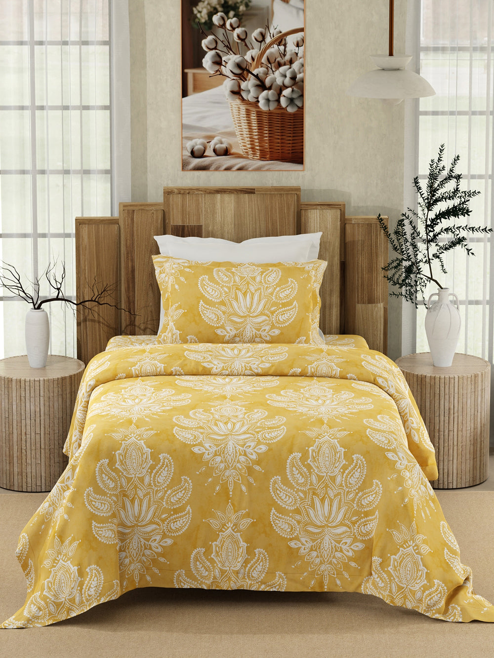 Serenity 100% Cotton 200 TC Yellow Ethnic 1 Single Size Bedsheet with 1 Pillow Cover