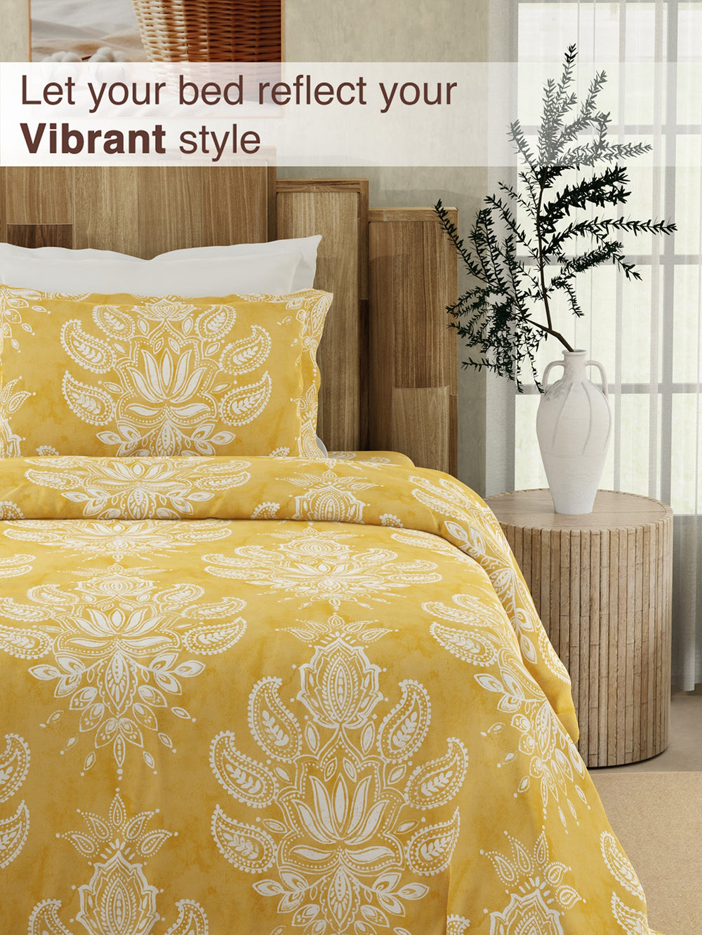 Serenity 100% Cotton 200 TC Yellow Ethnic 1 Single Size Bedsheet with 1 Pillow Cover