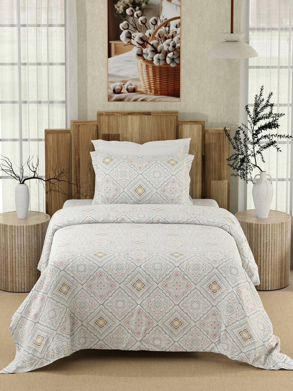 Serenity 100% Cotton 200 TC Blue Ethnic 1 Single Size Bedsheet with 1 Pillow Cover