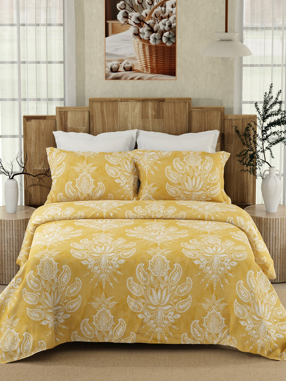 Serenity 100% Cotton 200 TC Yellow Ethnic 1 Double Size Bedsheet with 2 Pillow Covers