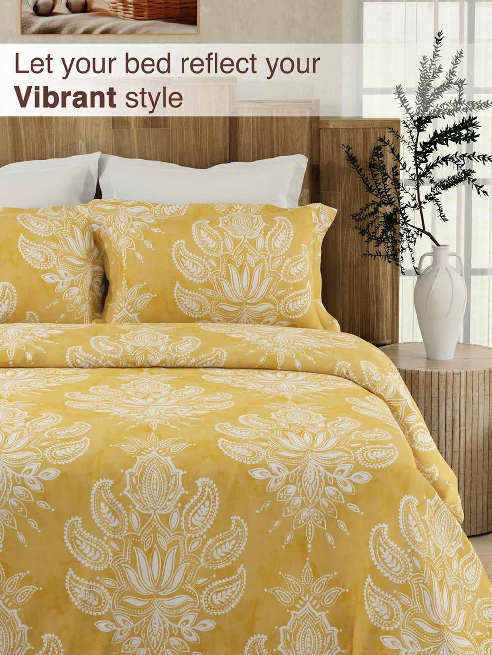 Serenity 100% Cotton 200 TC Yellow Ethnic 1 King Size Bedsheet with 2 Pillow Covers