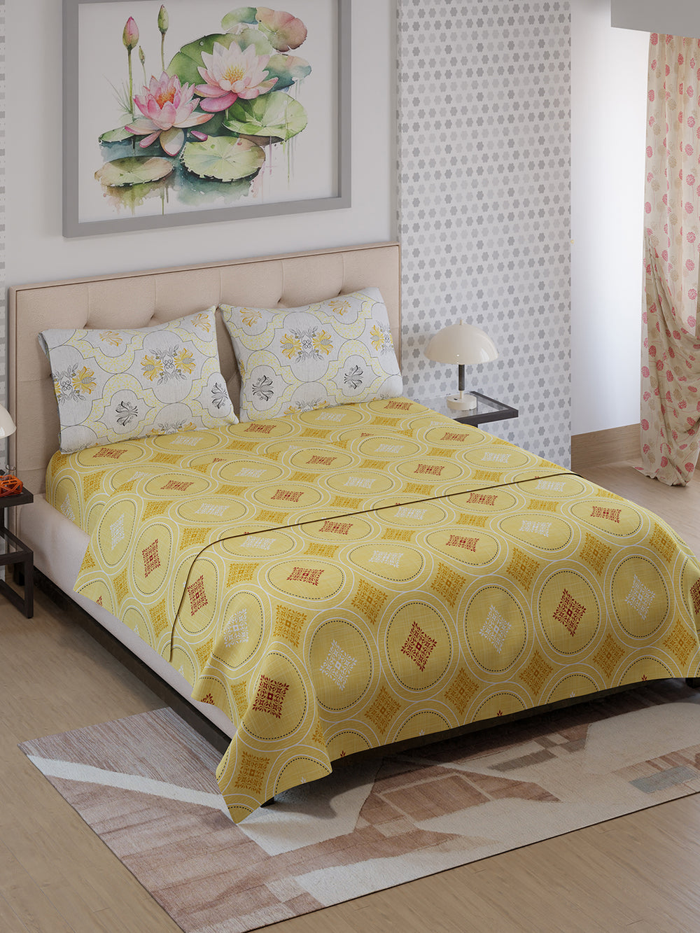 Ivy Microfibre 125 GSM Yellow Ethnic 1 Double Size Bedsheet with 2 Pillow Covers