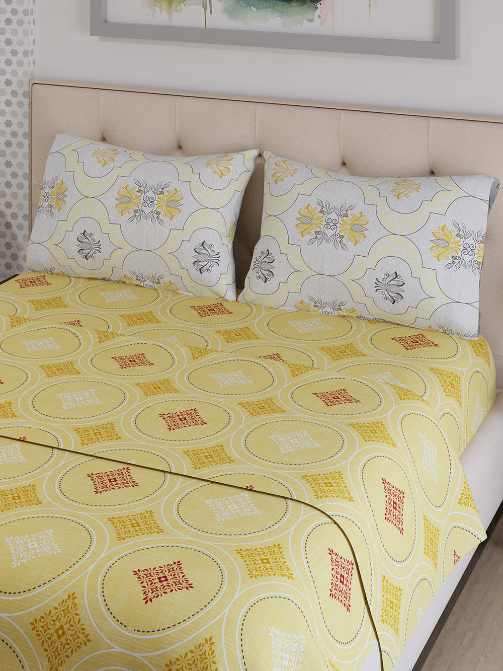 Ivy Microfibre 125 GSM Yellow Ethnic 1 Double Size Bedsheet with 2 Pillow Covers