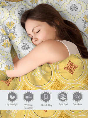 Ivy Microfibre 125 GSM Yellow Ethnic 1 Double Size Bedsheet with 2 Pillow Covers