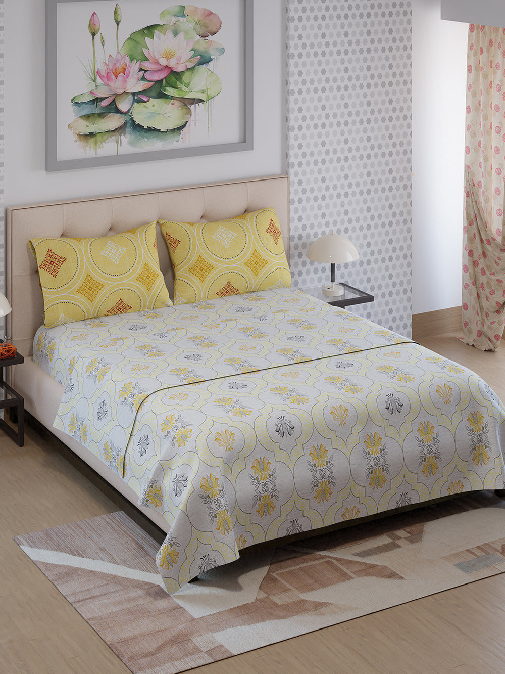 Ivy Microfibre 125 GSM White Ethnic 1 Double Size Bedsheet with 2 Pillow Covers