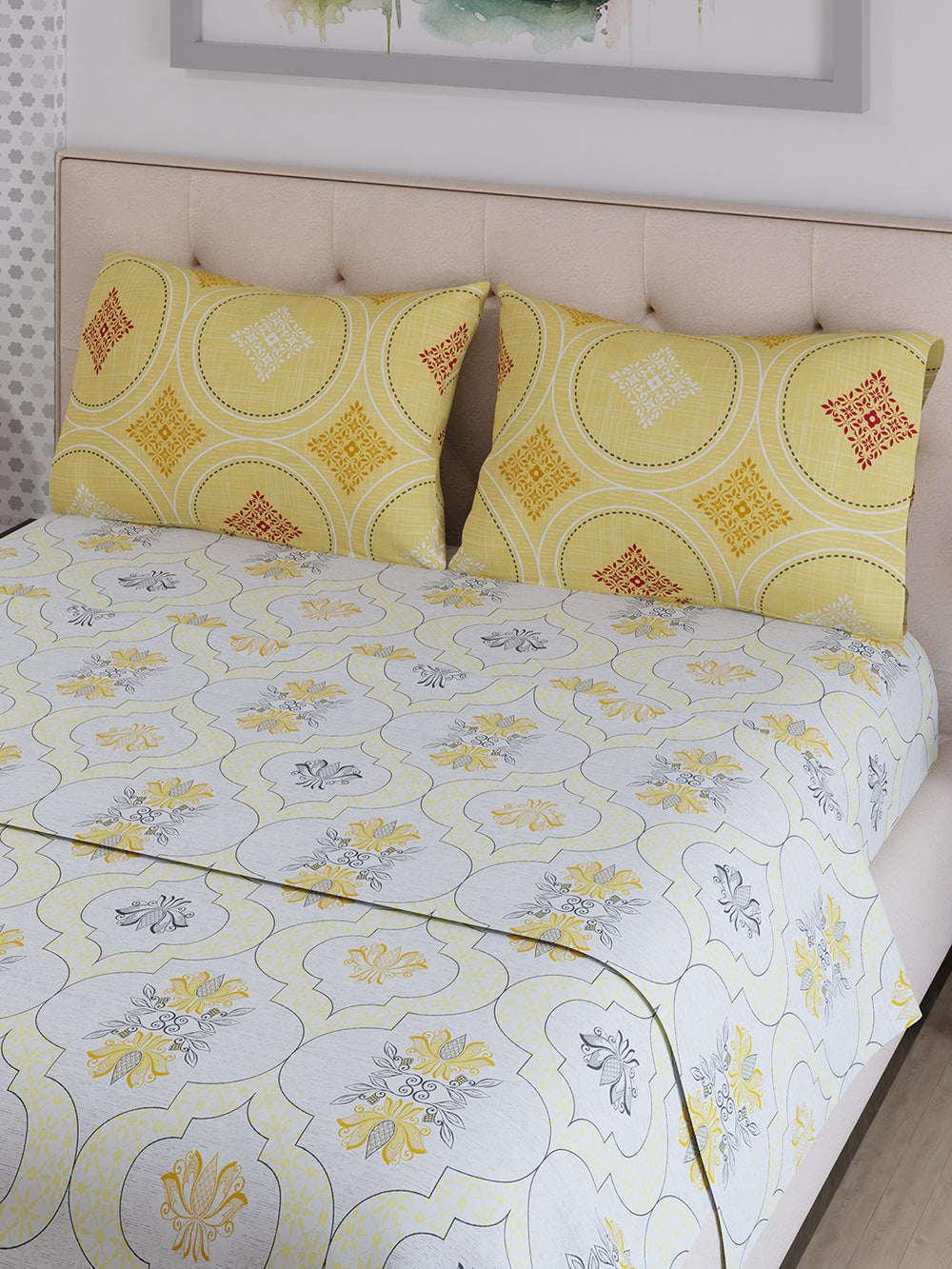 Ivy Microfibre 125 GSM White Ethnic 1 Double Size Bedsheet with 2 Pillow Covers