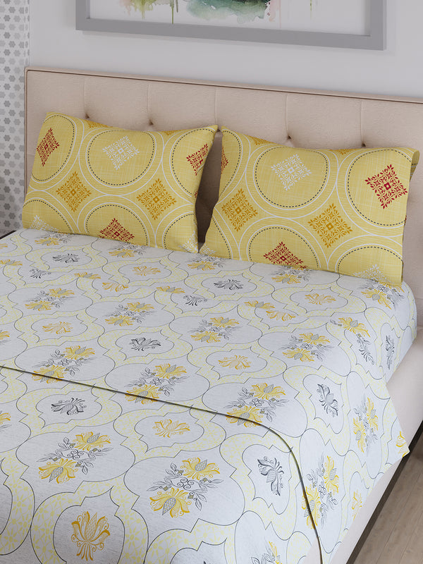 Ivy Microfibre 125 GSM White Ethnic 1 Double Size Bedsheet with 2 Pillow Covers