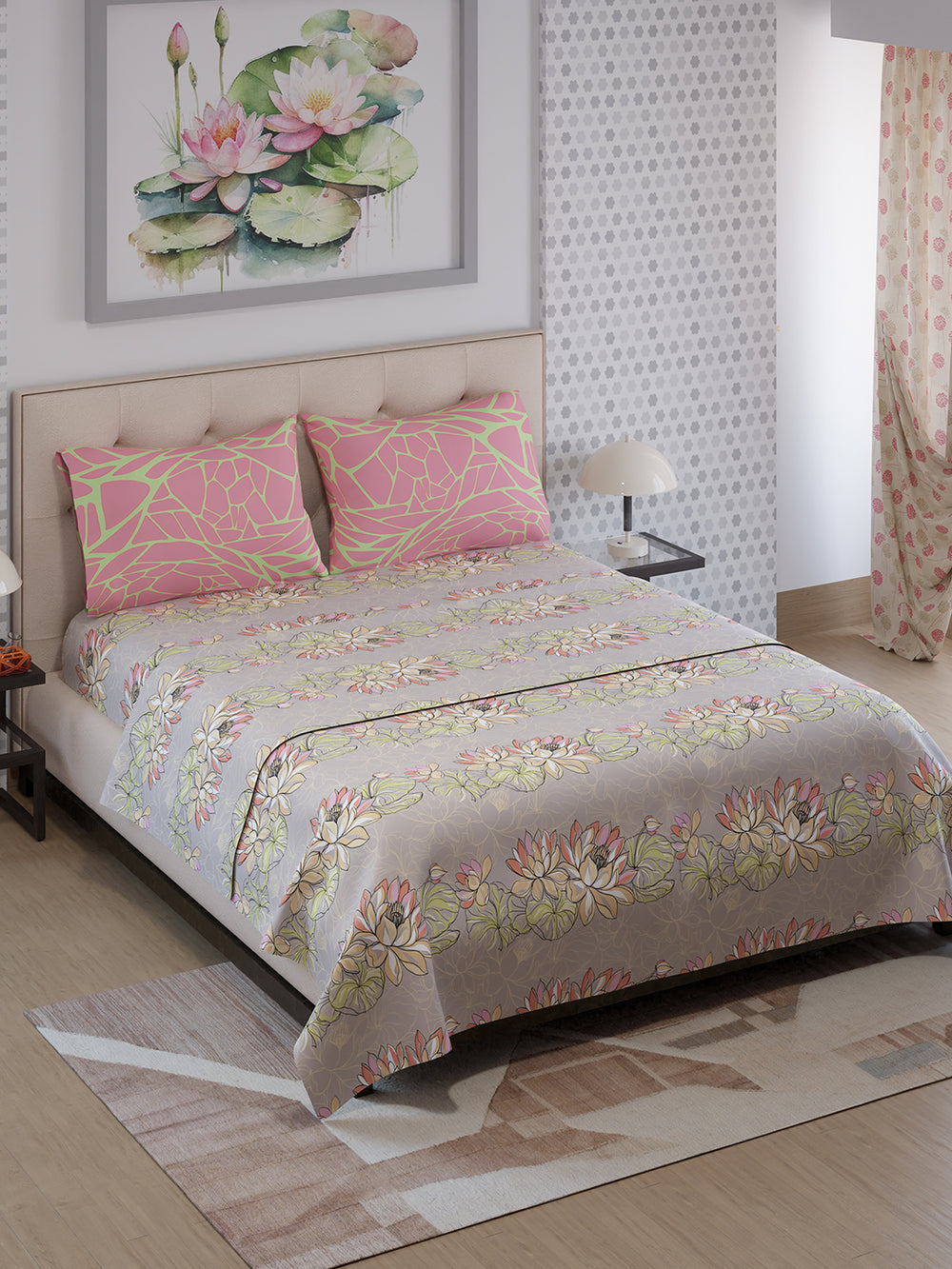 Ivy Microfibre 125 GSM Grey Floral 1 Double Size Bedsheet with 2 Pillow Covers