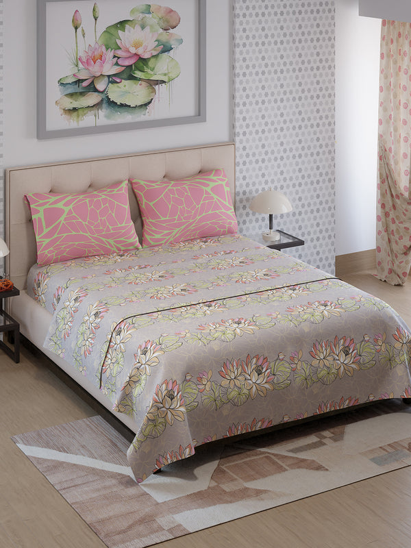 Ivy Microfibre 125 GSM Grey Floral 1 Double Size Bedsheet with 2 Pillow Covers