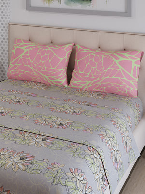 Ivy Microfibre 125 GSM Grey Floral 1 Double Size Bedsheet with 2 Pillow Covers