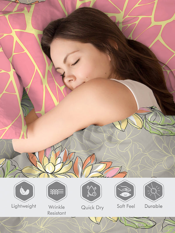 Ivy Microfibre 125 GSM Grey Floral 1 Double Size Bedsheet with 2 Pillow Covers