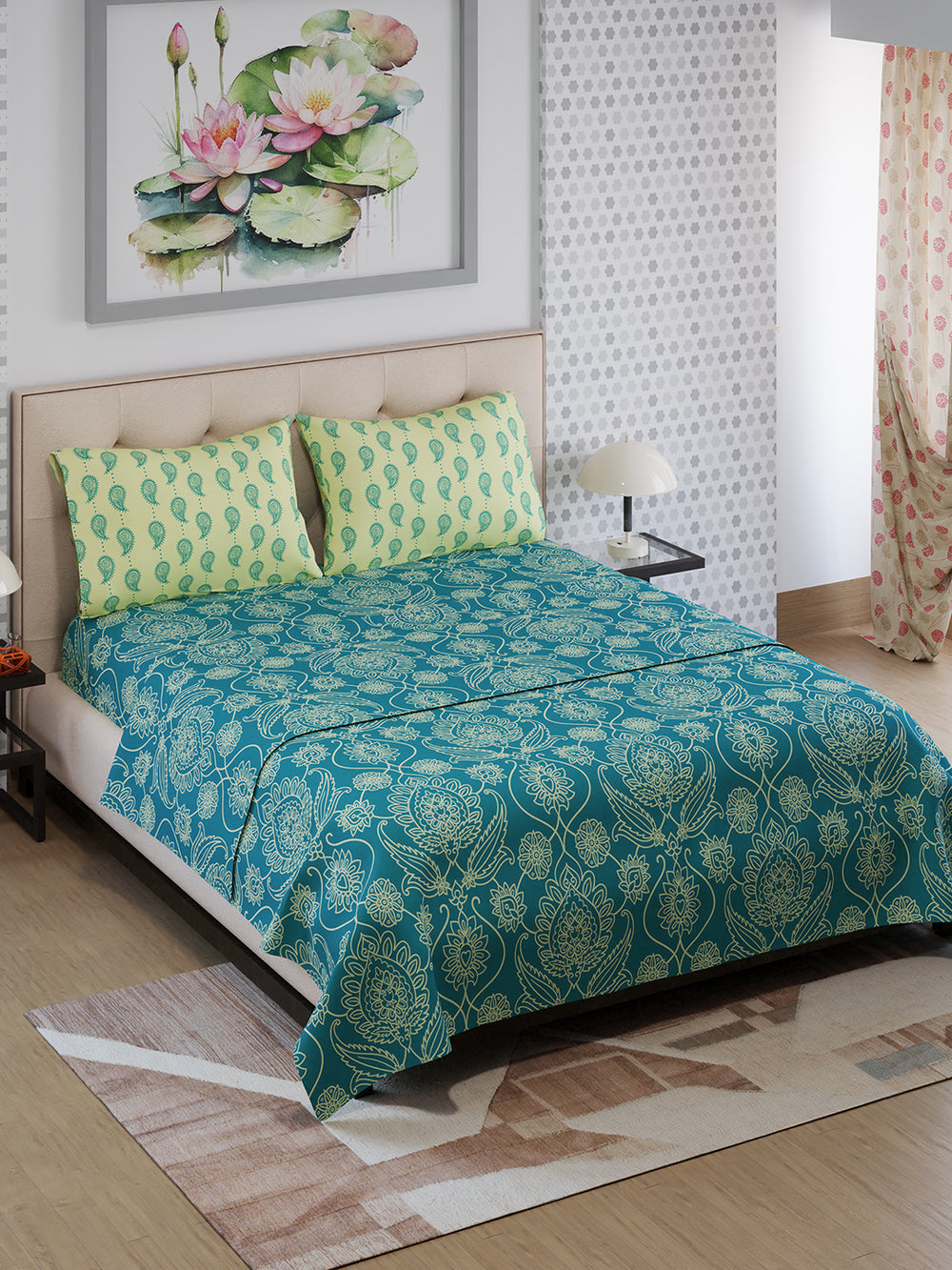 Ivy Microfibre 125 GSM Teal Ethnic 1 Double Size Bedsheet with 2 Pillow Covers