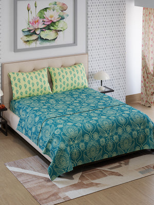 Ivy Microfibre 125 GSM Teal Ethnic 1 Double Size Bedsheet with 2 Pillow Covers