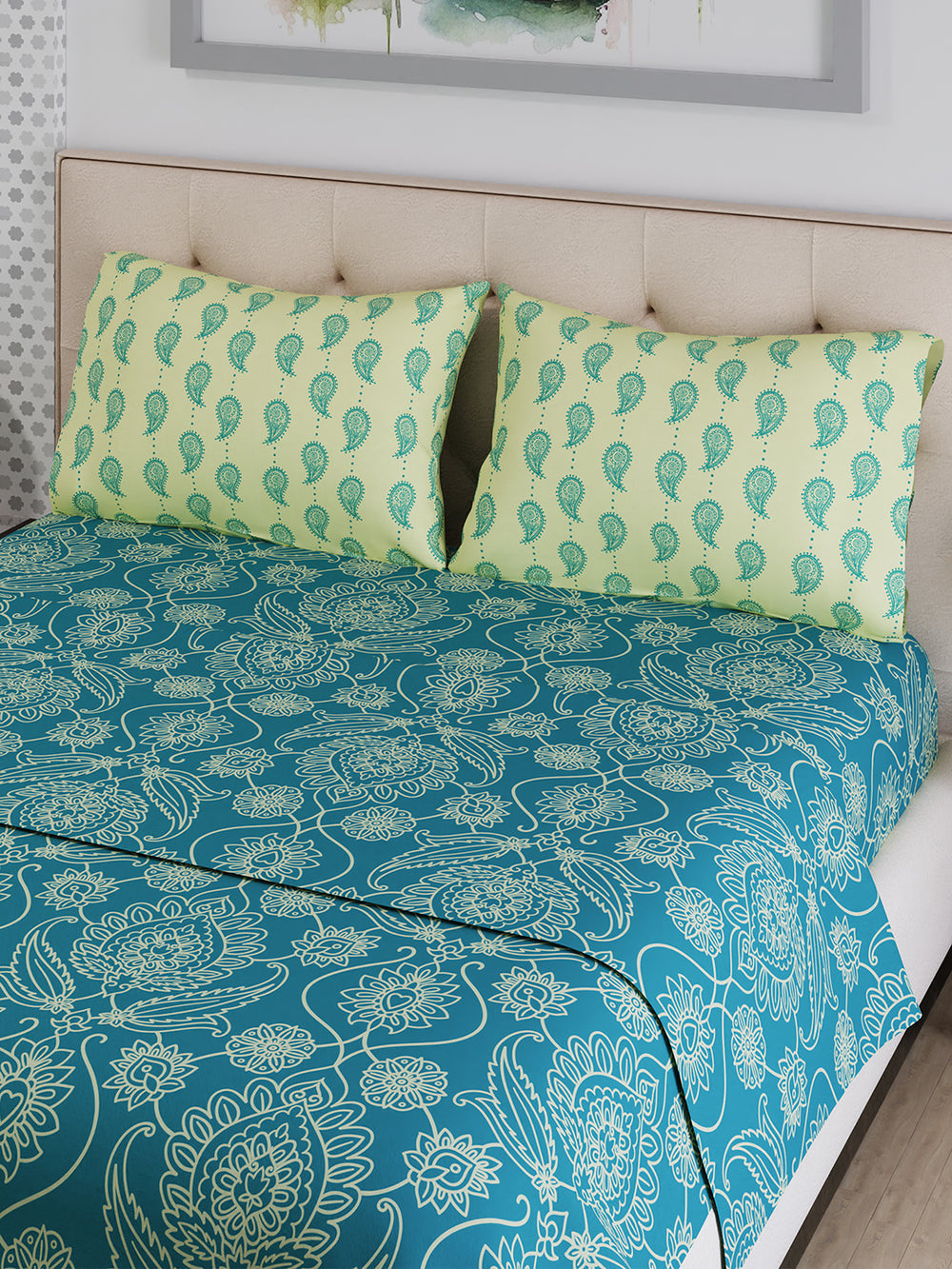 Ivy Microfibre 125 GSM Teal Ethnic 1 Double Size Bedsheet with 2 Pillow Covers