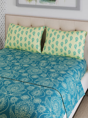 Ivy Microfibre 125 GSM Teal Ethnic 1 Double Size Bedsheet with 2 Pillow Covers