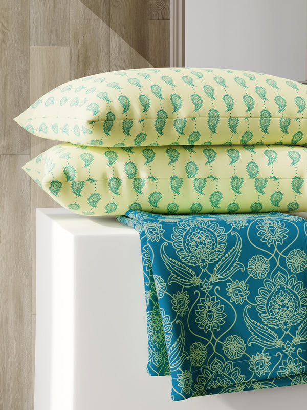 Ivy Microfibre 125 GSM Teal Ethnic 1 Double Size Bedsheet with 2 Pillow Covers