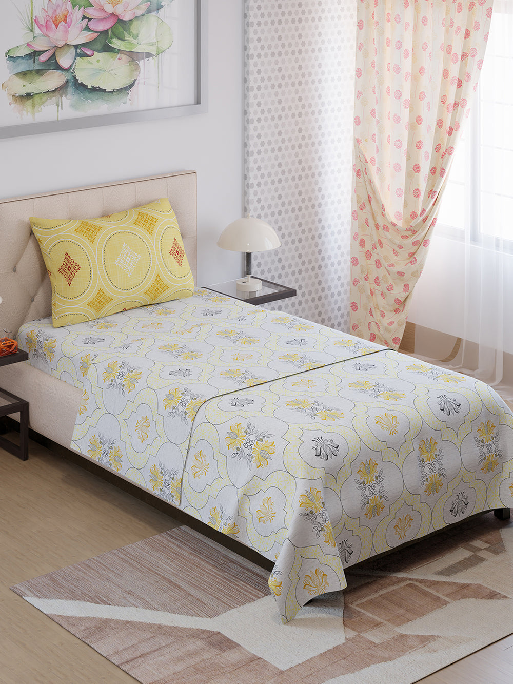 Ivy Microfibre 125 GSM White Ethnic 1 Single Size Bedsheet with 1 Pillow Cover