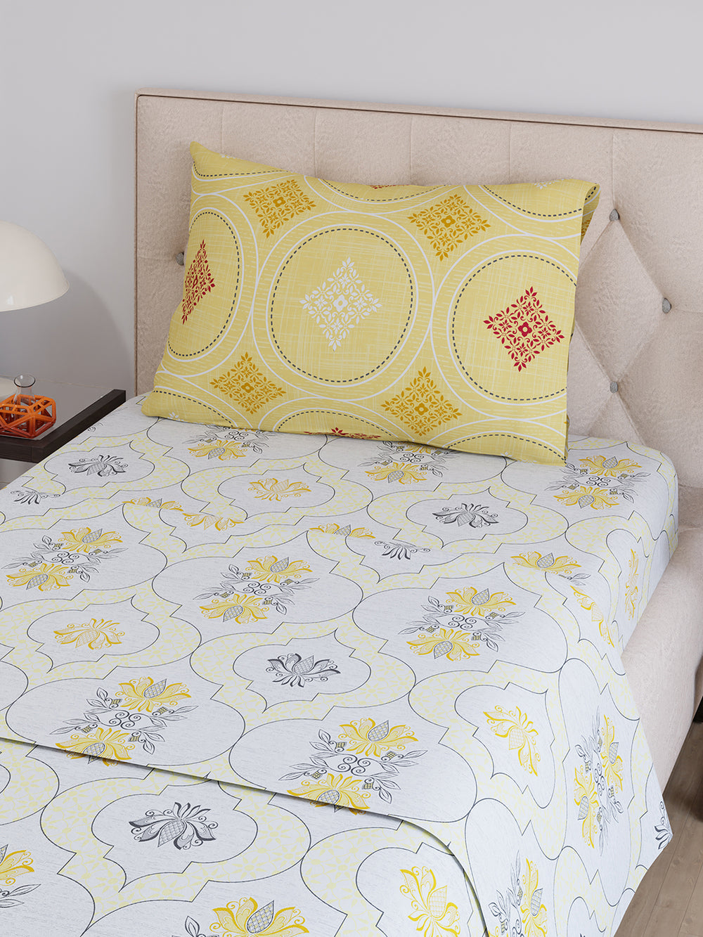 Ivy Microfibre 125 GSM White Ethnic 1 Single Size Bedsheet with 1 Pillow Cover