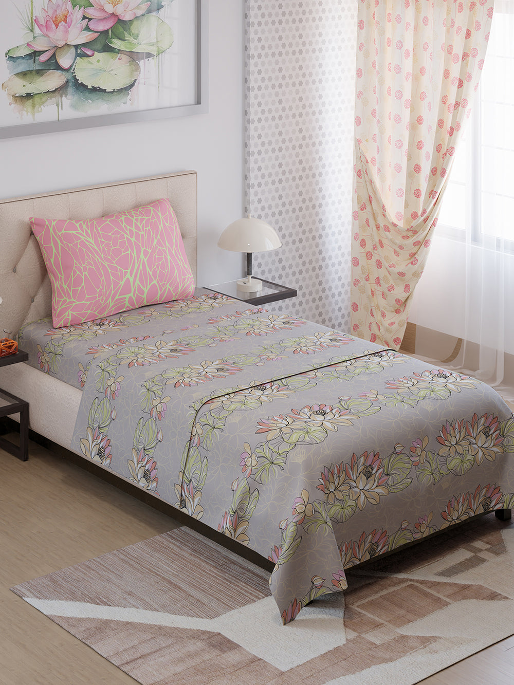 Ivy Microfibre 125 GSM Grey Floral 1 Single Size Bedsheet with 1 Pillow Cover