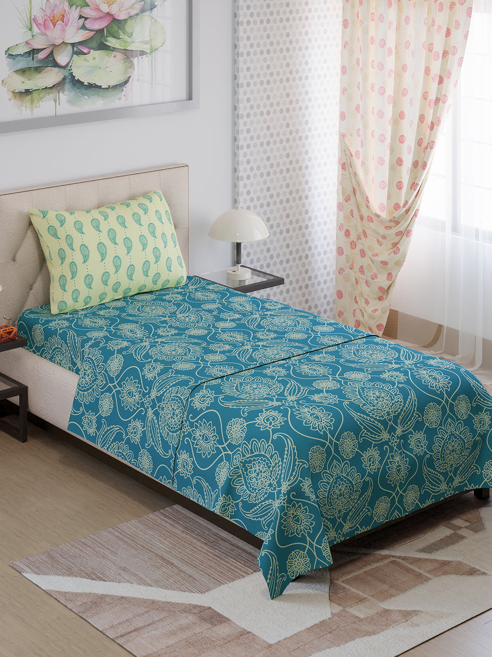 Ivy Microfibre 125 GSM Teal Ethnic 1 Single Size Bedsheet with 1 Pillow Cover