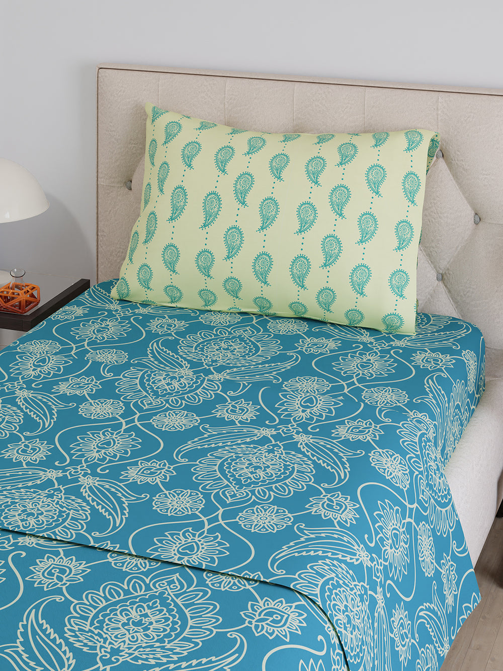 Ivy Microfibre 125 GSM Teal Ethnic 1 Single Size Bedsheet with 1 Pillow Cover