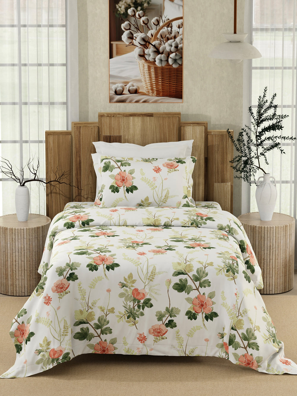 Serenity 100% Cotton 200 TC White Floral 1 Single Size Bedsheet with 1 Pillow Cover