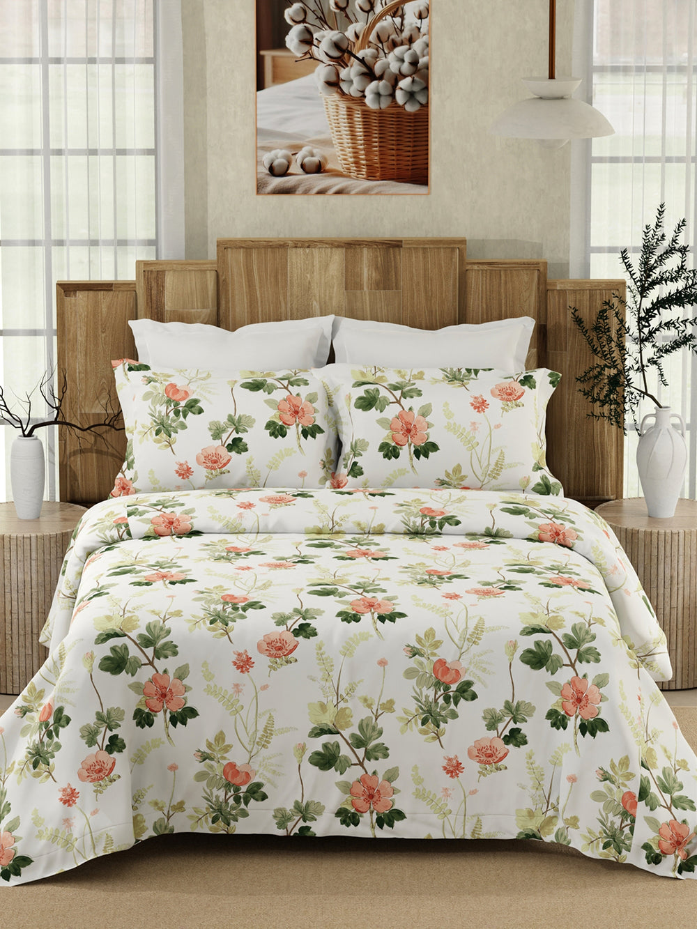Serenity 100% Cotton 200 TC White Floral 1 Double Size Bedsheet with 2 Pillow Covers