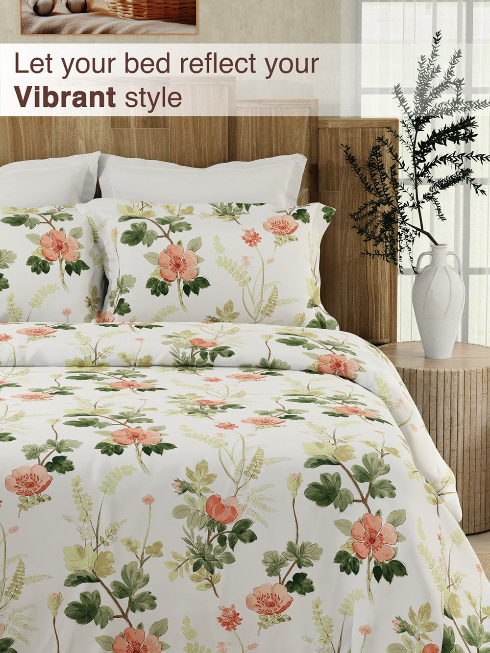 Serenity 100% Cotton 200 TC White Floral 1 Double Size Bedsheet with 2 Pillow Covers