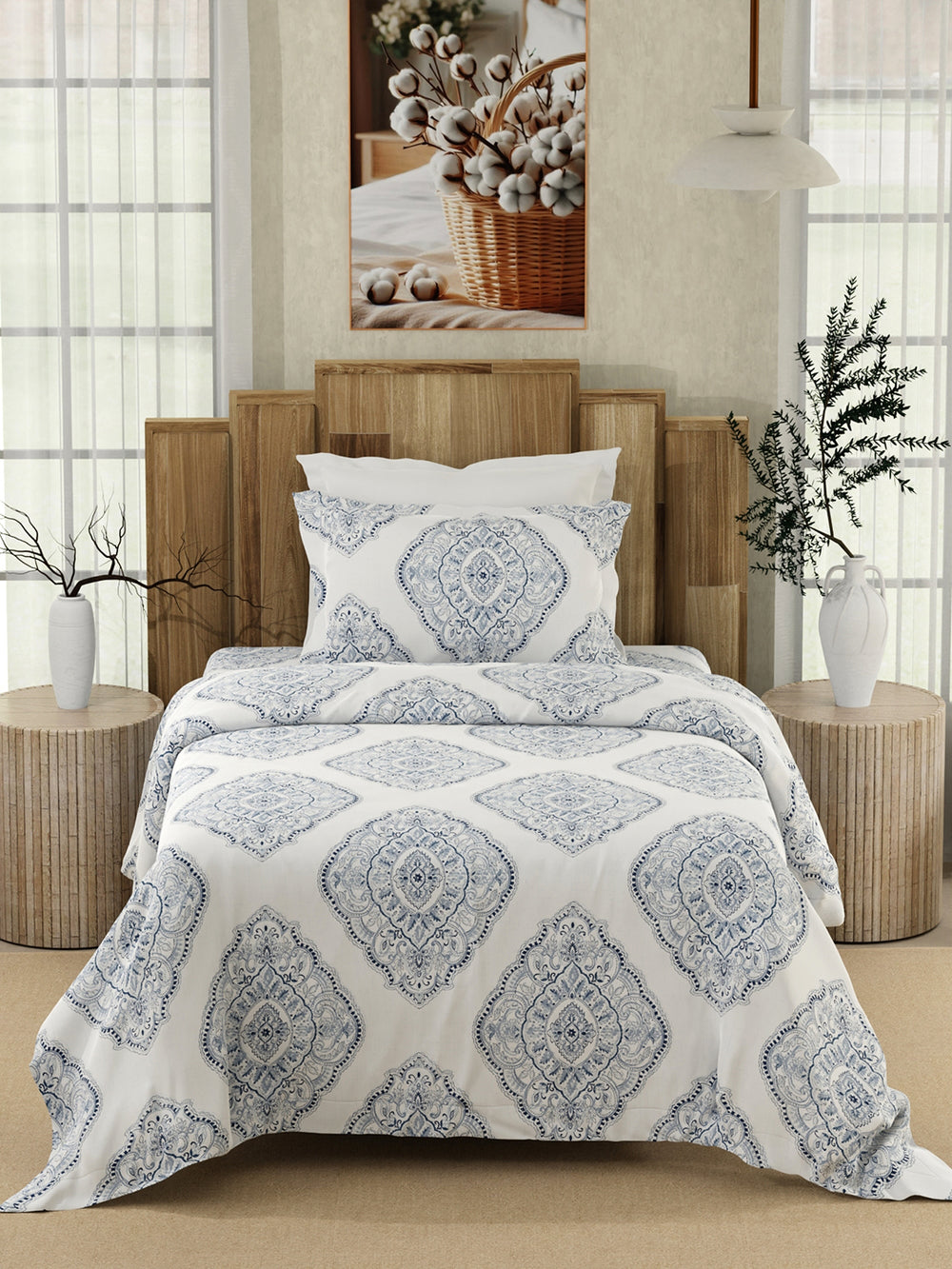 Serenity 100% Cotton 200 TC Blue Ethnic 1 Single Size Bedsheet with 1 Pillow Cover