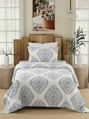 Serenity 100% Cotton 200 TC Blue Ethnic 1 Single Size Bedsheet with 1 Pillow Cover